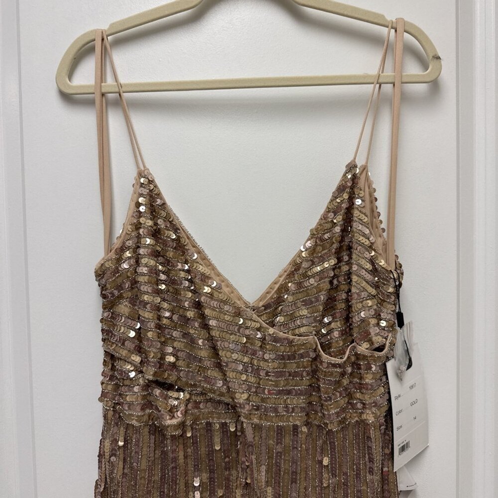 Mac Duggal Size 14 Gold 10817 Sequin Beaded Spaghetti Strap V-neck Gown Dress - Picture 5 of 11